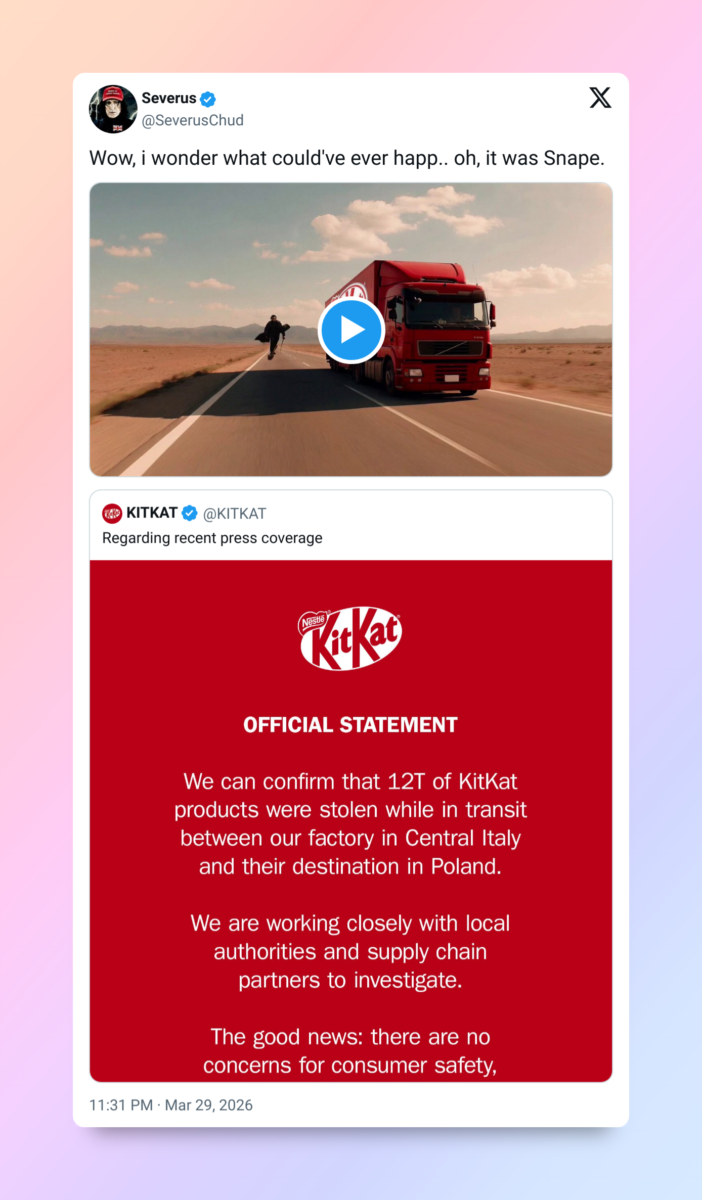 Кража 12 тонн батончиков KitKat стала новым мемом в стиле «мы тут ни при чём» Кража 12 тонн батончиков KitKat стала новым мемом в стиле «мы тут ни при чём»